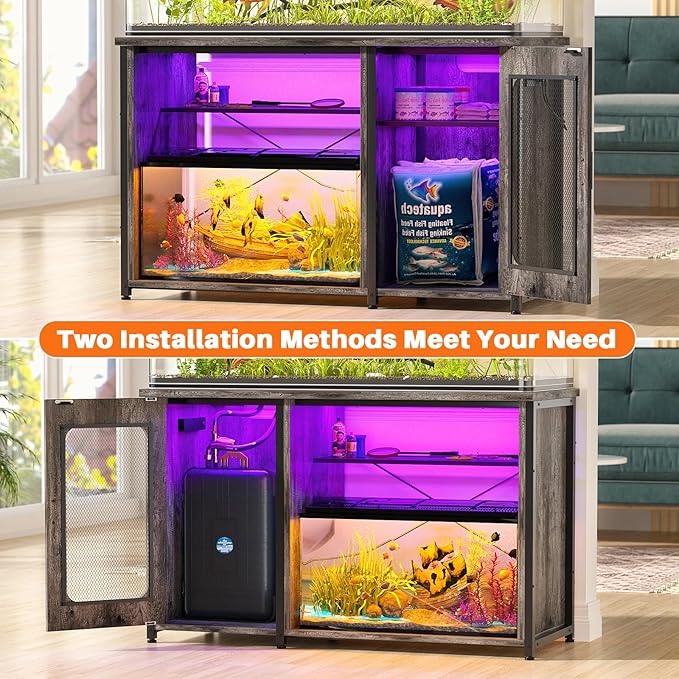 Unikito 55-75 Gallon Aquarium Stand with Power Outlets & LED Light, Reversible Fish Tank Stand with Cabinet for Fish Tank Accessories Storage, Heavy Duty Metal Frame, 880LBS Capacity, Black Oak
