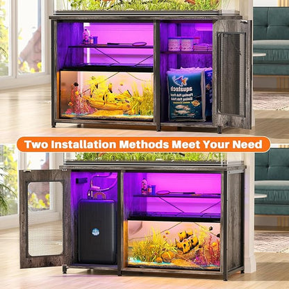 Unikito 55-75 Gallon Aquarium Stand with Power Outlets & LED Light, Reversible Fish Tank Stand with Cabinet for Fish Tank Accessories Storage, Heavy Duty Metal Frame, 880LBS Capacity, Black Oak