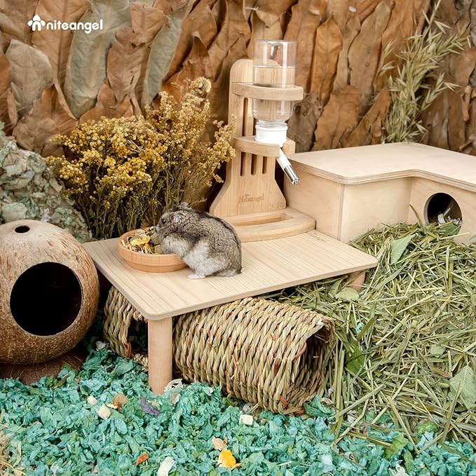Niteangel Hamster Play Wooden Platform for Dwarf Syrian Hamsters Gerbils Mice Degus or Other Small Pets (11.8 L x 8.2 W - 5.9'' Height, Burlywood)