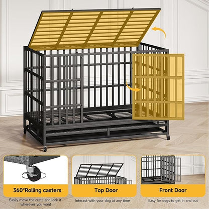 48/42/38 Inch Heavy Duty Indestructible XL Dog Crate Steel Escape Proof, Indoor Double Door High Anxiety Cage, Removable Tray, Kennel with Wheels, Extra Large XXL