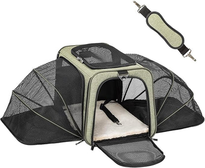 Petsfit Expandable Cat Carrier Dog Carrier, Soft-Sided Portable Pet Travel Carrier, Removable Soft Plush mat and Pockets, Locking Safety Zippers, 19x12x12 Inches