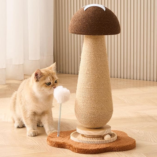 Mushroom Cat Scratching Post Cat Tree, 21.5‘’ H Cute Cat Scratcher Tower with Durable Solid Wood Turntable Toy, Acorn Brown Mushroom Scratch Post Cat Sisal Scratcher with Catnip for Indoor Cats