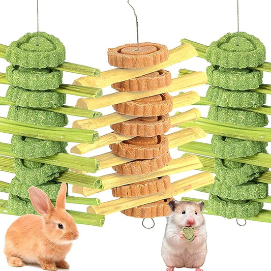 3PS Rabbit Toys for Bunny Boredom, Hanging Rodent Dental Toy with Papaya Stems Sweet Bamboo Hamsters, Chinchillas, Guinea Pigs