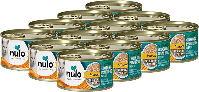 Nulo Grain-Free Minced with Whole Proteins Wet Canned Cat and Kitten Food, Chicken, Crab, and Prawn in Broth, 2.8 Ounce, 12 Cans