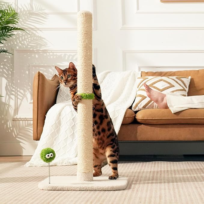 TINYBEAST 34" Tall Cat Scratching Post, Cat Scratcher Featuring Natural Sisal Rope, Cat Tree with Interactive Plush Toy Ball and Stable Base for Indoor Large Adult Cats & Kittens(Beige)