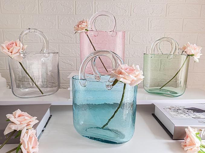OLEEK Purse vases for Flowers (Handmade) Glass Bag vase -10 Inches- Blue for centerpieces & Fish Bowl - Handbag Unique Flower vase Decorative - Glass Handbag for Cute Room Decor