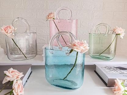 OLEEK Purse vases for Flowers (Handmade) Glass Bag vase -10 Inches- Blue for centerpieces & Fish Bowl - Handbag Unique Flower vase Decorative - Glass Handbag for Cute Room Decor