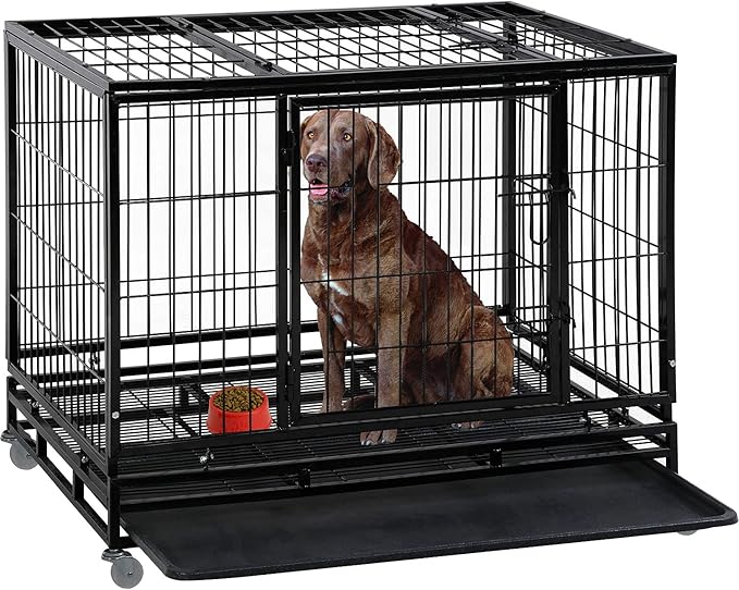 Dog Crate Cage for Large Dogs Heavy Duty 48 Inches Dog Kennel Pet Playpen for Training Indoor Outdoor with Plastic Tray Double Doors & Locks Design