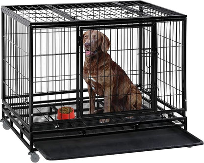 Dog Crate Cage for Large Dogs Heavy Duty 48 Inches Dog Kennel Pet Playpen for Training Indoor Outdoor with Plastic Tray Double Doors & Locks Design