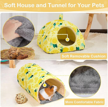 Bienbee Guinea Pig Hideout, Washable Rabbit Bed with Guinea Pig Tunnel, 2 Pack Guinea Pigs Toys Set Bunny Hideout Cage Accessories for Hamster Ferret Rabbits Bunny,Yellow Lemon