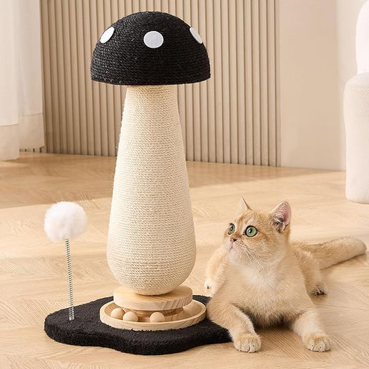 Mushroom Cat Scratching Post Cat Tree, 21.5‘’ H Cute Cat Scratcher Tower with Durable Solid Wood Turntable Toy, Solid Black Mushroom Scratch Post Cat Sisal Scratcher with Catnip for Indoor Cats