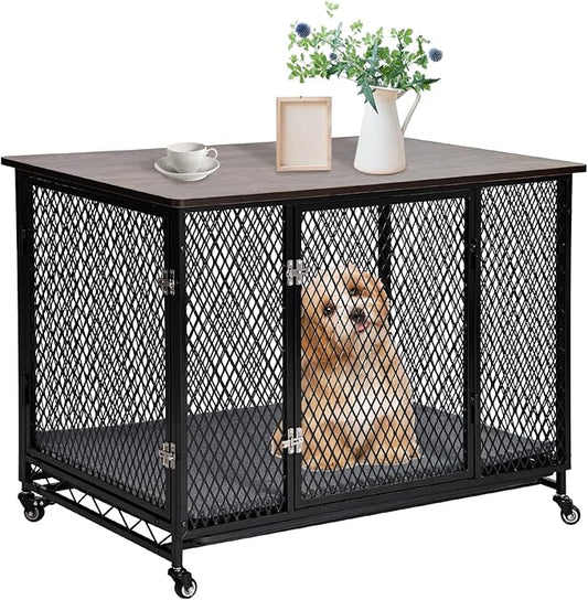 Dog Crate Furniture with Cushion, Wooden Dog Crate Table, Modern Kennel for Dogs Indoor, Heavy-Duty Dog Cage with Multi-Purpose Removable Tray, 38.7" L