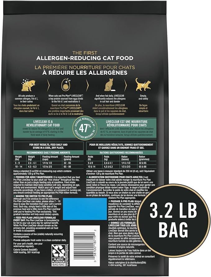 Purina Pro Plan Allergen Reducing, Sensitive Skin & Stomach, High Protein Cat Food, LIVECLEAR Turkey and Oatmeal Formula - 3.2 lb. Bag