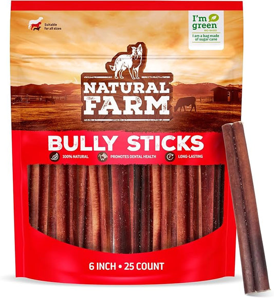 Natural Farm Odor-Free Bully Sticks (6 Inch, 25 count),1.3 lb. Bag, Fully Digestible 100% Beef Pizzle Chews,Grass-Fed, Non-GMO,Grain-Free, Natural Long-Lasting Chews for Small & Large Dogs. Pack of 25