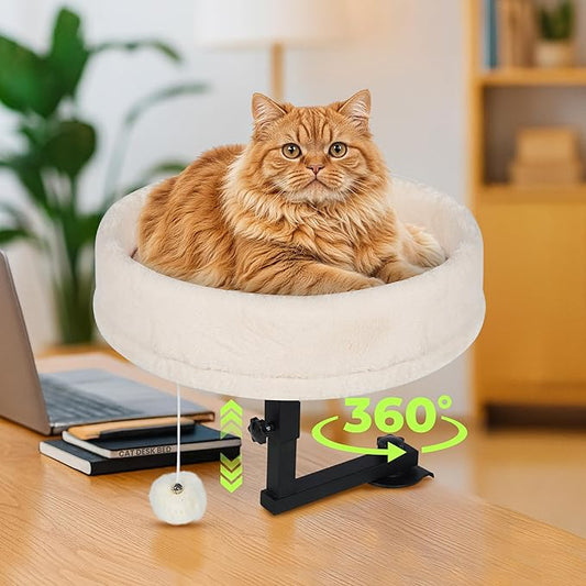 Zayana Cat Desk Bed Attachment - 360° Rotating & Adjustable Height Cat Bed Desk Mount with Soft Faux Fur Washable Cover, Space Saver Hammock for Home Office & Gaming Table, Supports Up to 45 lb, Beige