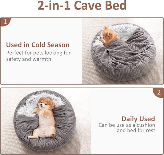 MIXJOY Small Dog Bed Cat Bed with Blanket Attached, Round Hooded Cozy Dog Cave Beds for Small Dogs, Soft Plush Cuddler Puppy Pet Bed, Anti-Slip Bottom, 23inch