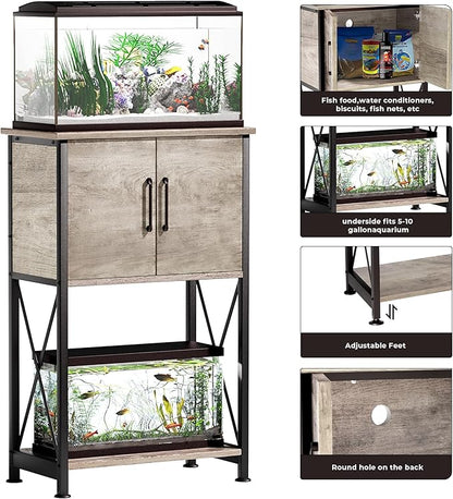 5-10 Gallon Fish Tank Stand, Metal Double Aquarium Stand with Cabinet for Fish Tank Accessories Storage, Heavy Duty 20.5" L* 11.02" W Tabletop, 500LBS Capacity Grey PG06YGZ