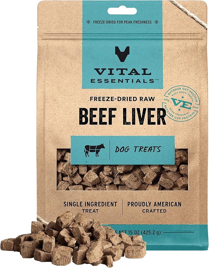 Vital Essentials Beef Liver Dog Treats, 15 oz | Freeze-Dried Raw | Single Ingredient | Premium Quality High Protein Training Treats | Grain Free, Gluten Free, Filler Free