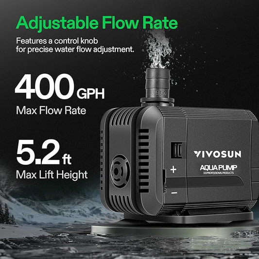 VIVOSUN 400GPH Submersible Pump(1500L/H, 15W), Ultra Quiet Water Pump with 5.2ft High Lift, Fountain Pump with 5ft Power Cord, 3 Nozzles for Fish Tank, Pond, Aquarium, Statuary, Hydroponics