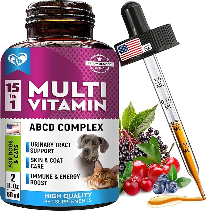 Cat & Dog Multivitamin Liquid with Glucosamine & Cranberry | 15 in 1 Health Supplements for Urinary Tract Kidney, Bladder, Hip & Joint, Skin & Coat | Natural UTI Medicine Made in USA (60 ml)