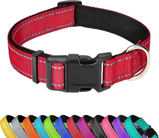 Reflective Dog Collar, Adjustable Soft Neoprene Padded Nylon Pet Collars with Buckle for Large Dogs, Red,L