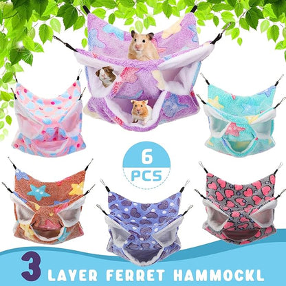 Sadnyy 6 Pieces Guinea Pig Rat Hammock Three Layer Ferret Bed Small Animal Hanging Pet Cage Hammock for Chinchilla Rat Sugar Glider Squirrel Reptiles(Fresh Pattern)
