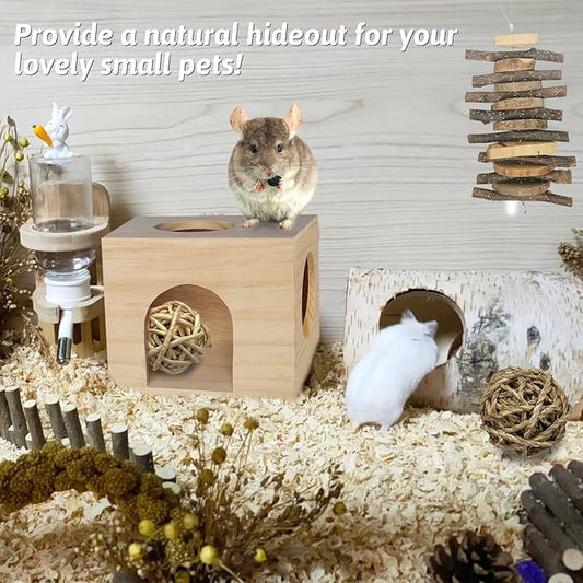 Fhiny Guinea Pigs Wood House Chinchilla Hut Hideout Natural Wood Multiple Doors Small Animal Chewing Molar Activity Toys Hamsters Habitat Cage for Hedgehog Squirrel Sugar Gliders