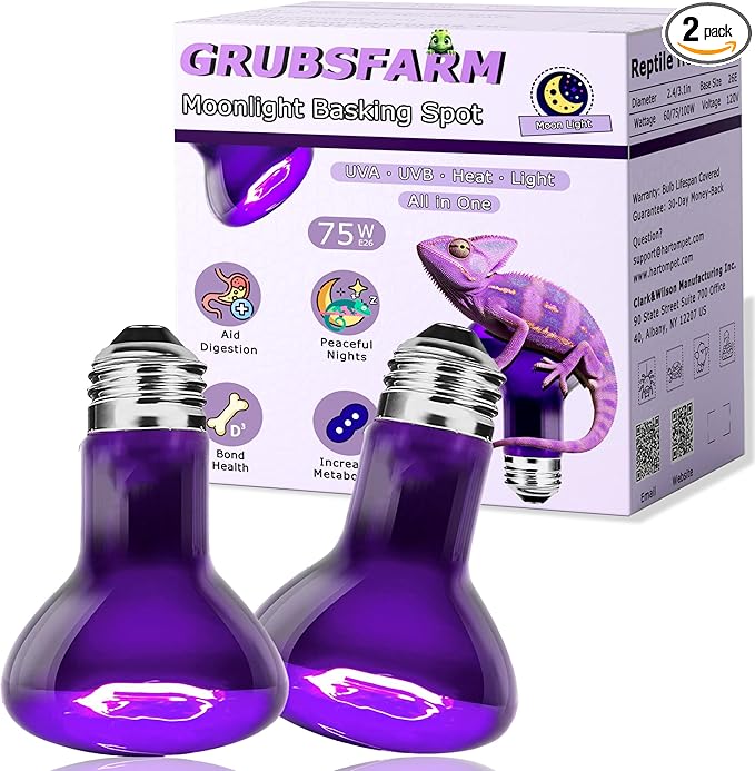 75W Reptile Night Light Bulb – 2.5" Compact Purple UVA Basking Lamp for Lizards, Chameleons, Snakes, Turtles, Amphibians, Bearded Dragons – Indoor Terrarium Heat & Night Lamp, 2-Pack