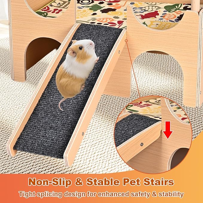 Large Wooden Guinea Pig Hideout, 2-Story Guinea Pig Castle with Non-Slip Stairs and Double-Sided Mat, Multi-Cave Design Small Animal House for Dwarf Hamsters, Sugar Gliders, Bunnny Habitat