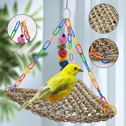 Bird Swing Toys,Parakeet Seagrass Mat,Edible Triangle Seagrass Hammock with Color Toys Handmade Woven Natural Grass Net Hanging on Parrot Cage for Budgies Lovebird Canary Cockatiel Finch Hamster