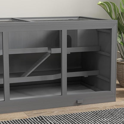 PawHut 45" Extra Large Wooden Hamster Cage, 3-Layer Rat Cage with Opening Roof, PVC Window, Small Animal Habitat for Gerbil, Dwarf & Syrian Hamsters, Gray