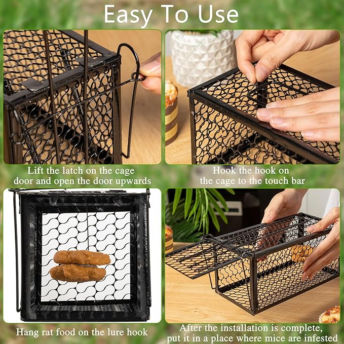 Qualirey 1 Pcs Humane Rat Trap Chipmunk Rodent Mouse Squirrel Trap Small Live Animal Mouse Voles Hamsters Live Cage Rat Cage for Mice Easy to Catch and Release (Black)