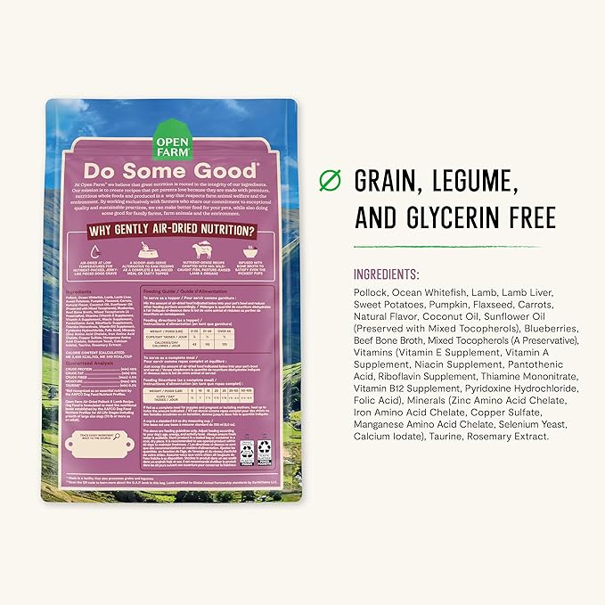 Open Farm, Air Dried Dog Food Infused with Bone Broth, Grain & Legume Free, Complete Meal or Food Topper, Pollock & Lamb Recipe, 1lb Bag
