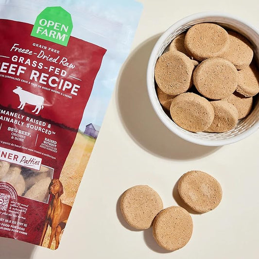 Open Farm, Freeze Dried Raw Dog Food, Patties with 95% Meat, Organs & Bone, Complete Meal or Freeze Dried Dog Food Mixer, Grass-Fed Beef Recipe, 10.5oz Bag