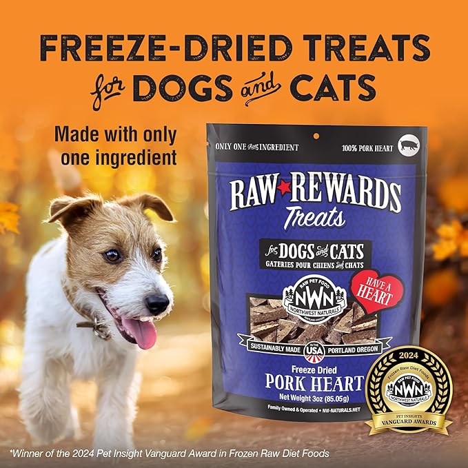 Northwest Naturals Raw Rewards Freeze-Dried Pork Heart Treats for Dogs and Cats - Bite-Sized Pieces - Healthy, 1 Ingredient, Human Grade Pet Food, All Natural, Proudly Made in USA, 3 Oz