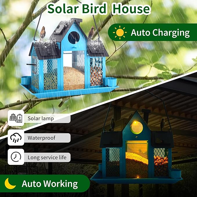 Solar Bird Feeders House for Outside Hanging, Metal Wild Bird Feeder for Outdoors, Large Cardinal Bird Feeder Birdhouses Squirrel Proof (Blue)