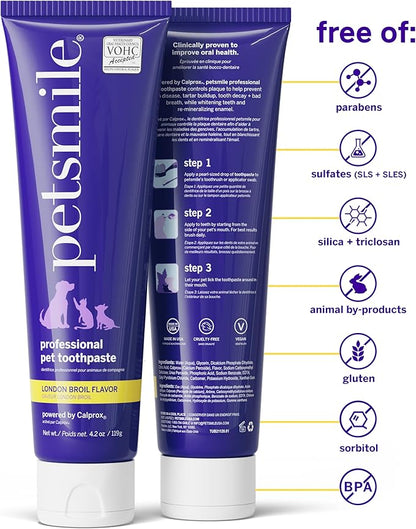 Petsmile Professional Pet Teeth Brushing Kit for Cats & Dogs- Only VOHC Accepted Toothpaste & Patented Toothbrush - Proven to Control Plaque & Tartar Calprox Formula (London Broil, 4.2 Oz)