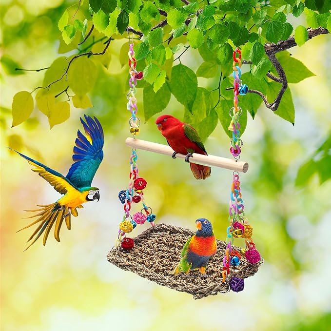 Bird Swing Mat with Wood Perch, AHIER Seagrass Bird Hammock for Conures with Chewing Toy for Parakeets, Budgie, Cockatiel, Lovebird Cage Accessories