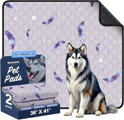 Washable Pee Pads for Dogs, 2Pack Reusable Puppy Pads, Super Absorbent & Leakproof Dog Pads, Anti-Slip Dog Pee Pads for Puppy Training & Incontinence, Feather Pattern 36"x41"