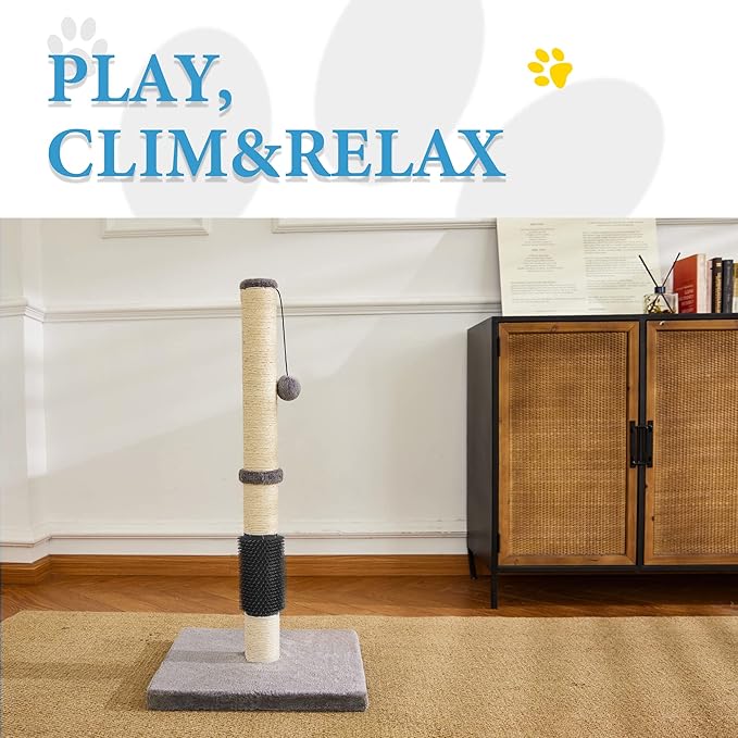 MeowHomm 32" Cat Scratching Post with Self Groomer Cat Brush, Sisal Rope Tall Cat Scratching Post with Soft Hanging Ball for Indoor Cats, Cat Claw Scratcher Covered with Soft Smooth Plush