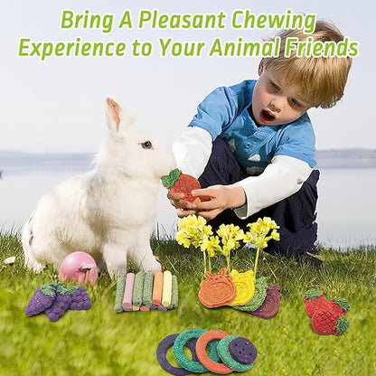 Fhiny 27 PCS Natural Bunny Chew Toys Molar Rabbit Toys Contain Timothy Grass Pumpkin Beets Purple Potatoes Carrot Hamster Treats for Chinchillas Guinea Pigs Mice Gerbils Teeth Grinding