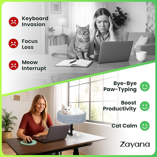 Zayana Cat Desk Bed Attachment - 360° Rotating & Adjustable Height Cat Bed Desk Mount with Soft Faux Fur Washable Cover, Space Saver Hammock for Home Office & Gaming Table, Supports Up to 45 lb, Grey