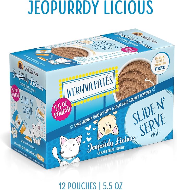 Weruva Wet Cat Food, Jeopurrdy Licious with Chicken Pate, 5.5oz Slide N Serve Pouch, Pack of 12