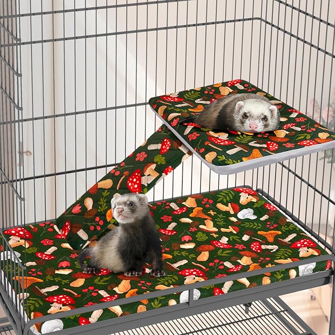 Bienbee Ferret Cage Liner Set for Ferret Nation & Critter Nation Cage, Waterproof Ferrets Cage Accessories for Small Animals Rats Chinchillas Hedgehogs Ferrets(Green Mushroom,Single Unit Combo)