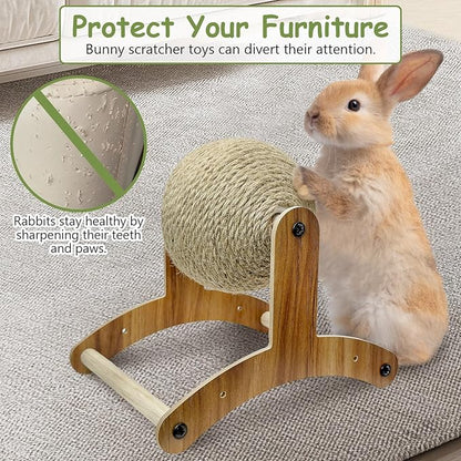 Fhiny Rabbit Scratch Toy, Natural Sisal Rabbit Scratching Ball Sisal Rope Bunny Claw Scratcher Rotating Ball Interactive Toys Nail Scratching Post for Indoor Pets Kittens Ferrets Small Animals