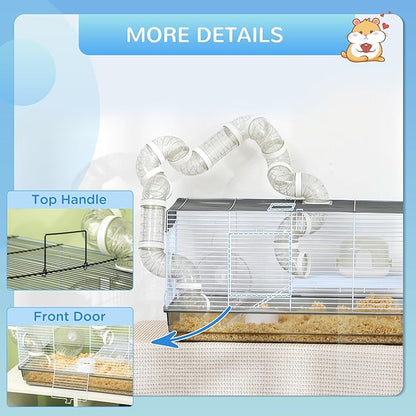 PawHut Hamster Cage, 2 Levels Gerbil Cage, Small Animal Cage for Dwarf Hamster with Tubes and Tunnels, Exercise Wheel, Food Dish, Water Bottle, Ramp, 23" x 13" x 12", Gray