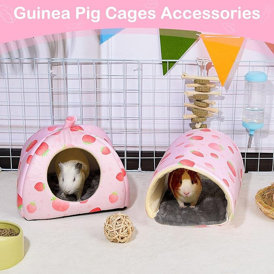 Bienbee Guinea Pig Hideout, Washable Rabbit Bed with Guinea Pig Tunnel, 2 Pack Guinea Pigs Toys Set Bunny Hideout Cage Accessories for Hamster Ferret Rabbits Bunny,Pink Strawberry