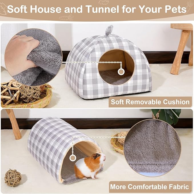 Bienbee Guinea Pig Hideout, Washable Rabbit Bed with Guinea Pig Tunnel, 2 Pack Guinea Pigs Toys Set Bunny Hideout Cage Accessories for Hamster Ferret Rabbits Bunny,Gray Grid