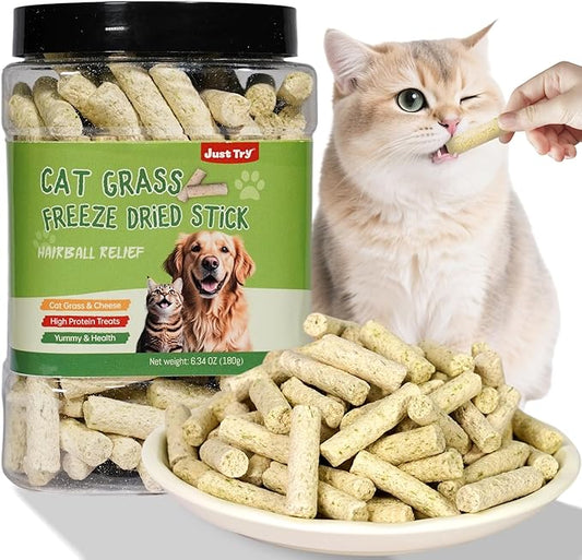 Just Try 6.34OZ Cat Treats, Freeze Dried Cat Grass Teething Stick,Healthy Training Treats Food Topper,Hairball Control Teeth Cleaning Dental Treats for Indoor Cats (6.34 OZ, Chicken)