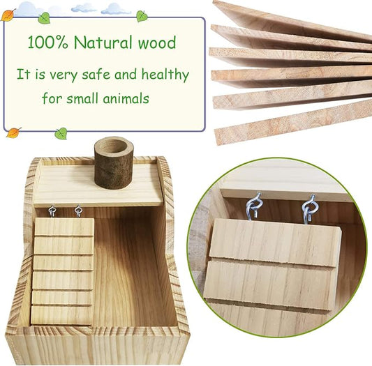 kathson Hamster Sand Bath Box Wooden Small Animals Shower Room Chinchilla Digging Sand Bathtub Container with Climbing Ladder Bowl for Dwarf Syrian Mice Mouse Gerbils Hedgehog